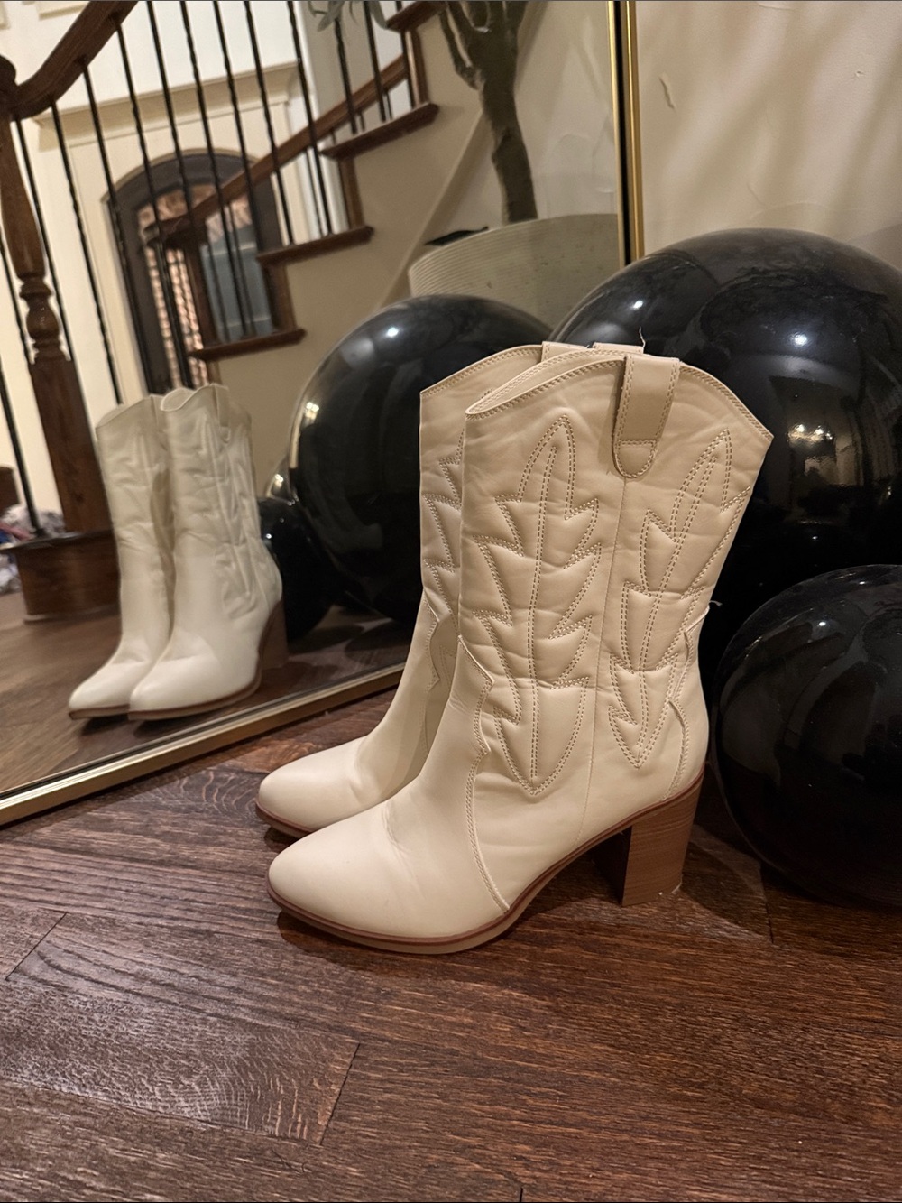 Altar'd State Cream Western-Inspired Mid-Calf Leather Heeled Boots